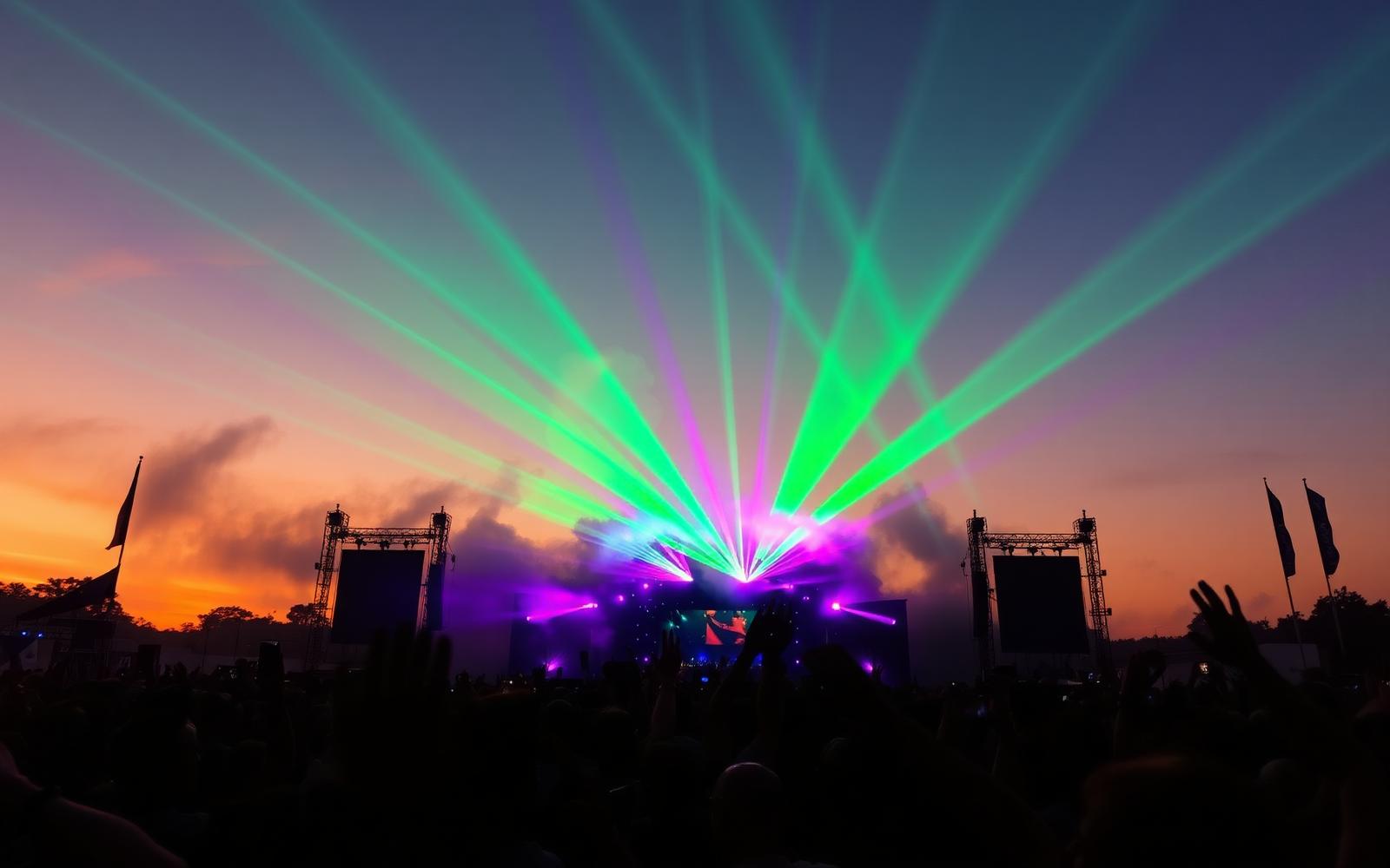Festival au coucher du soleil, lasers verts et magenta