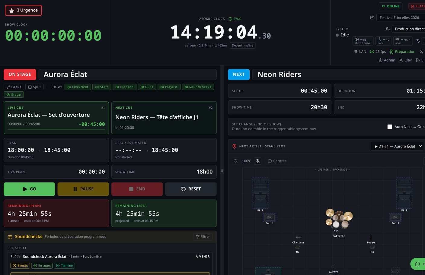 Show Control — horloge live, cues, GO.