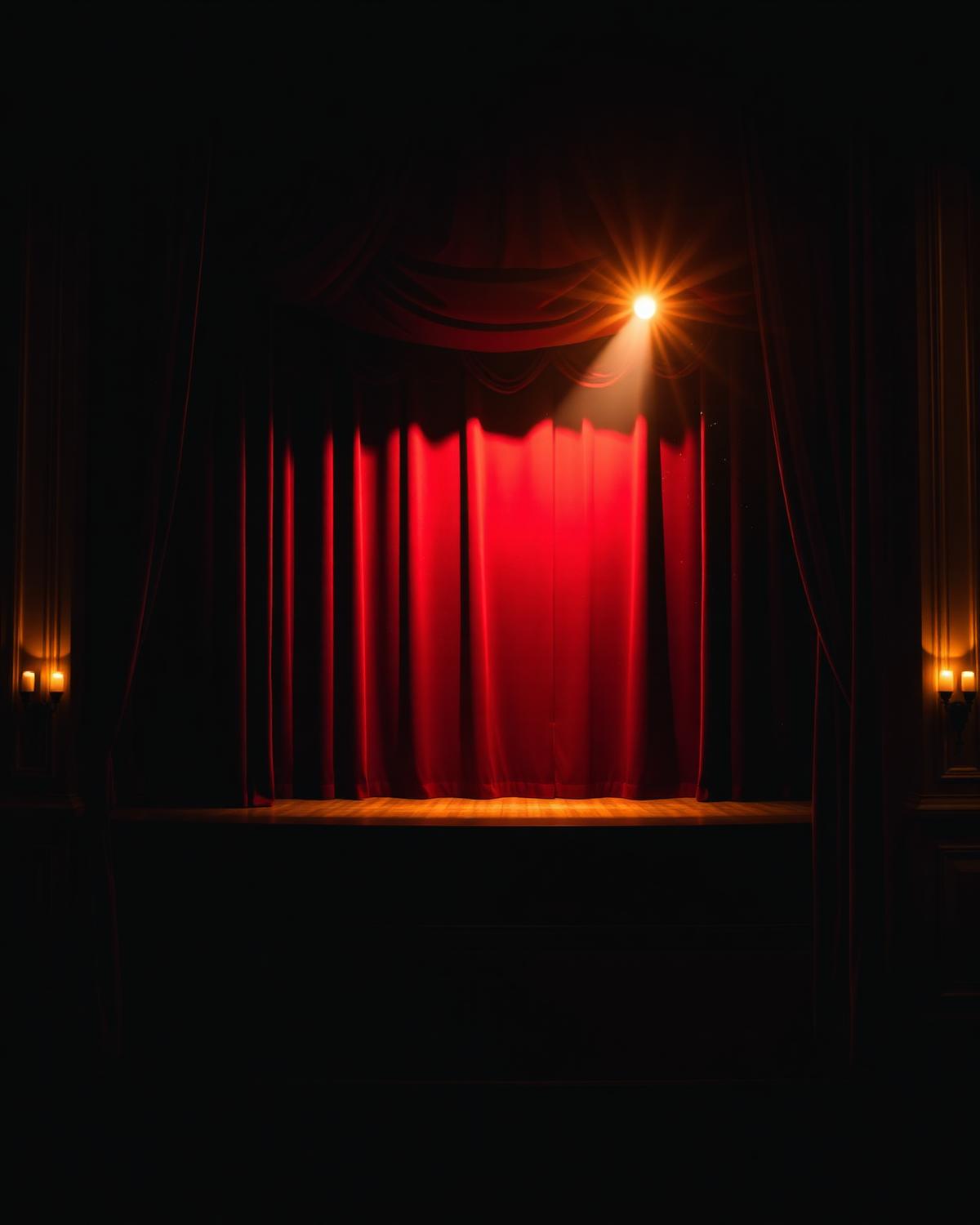 Scène de théâtre, rideau rouge et poursuite